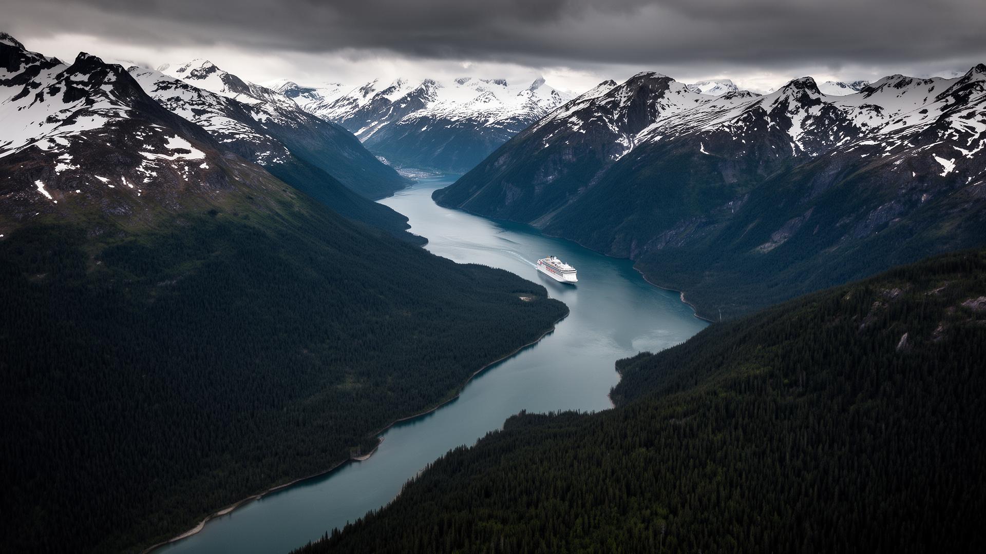 Aerial view of the Alaska Inside Passage with a cruise ship between snow-capped mountains
