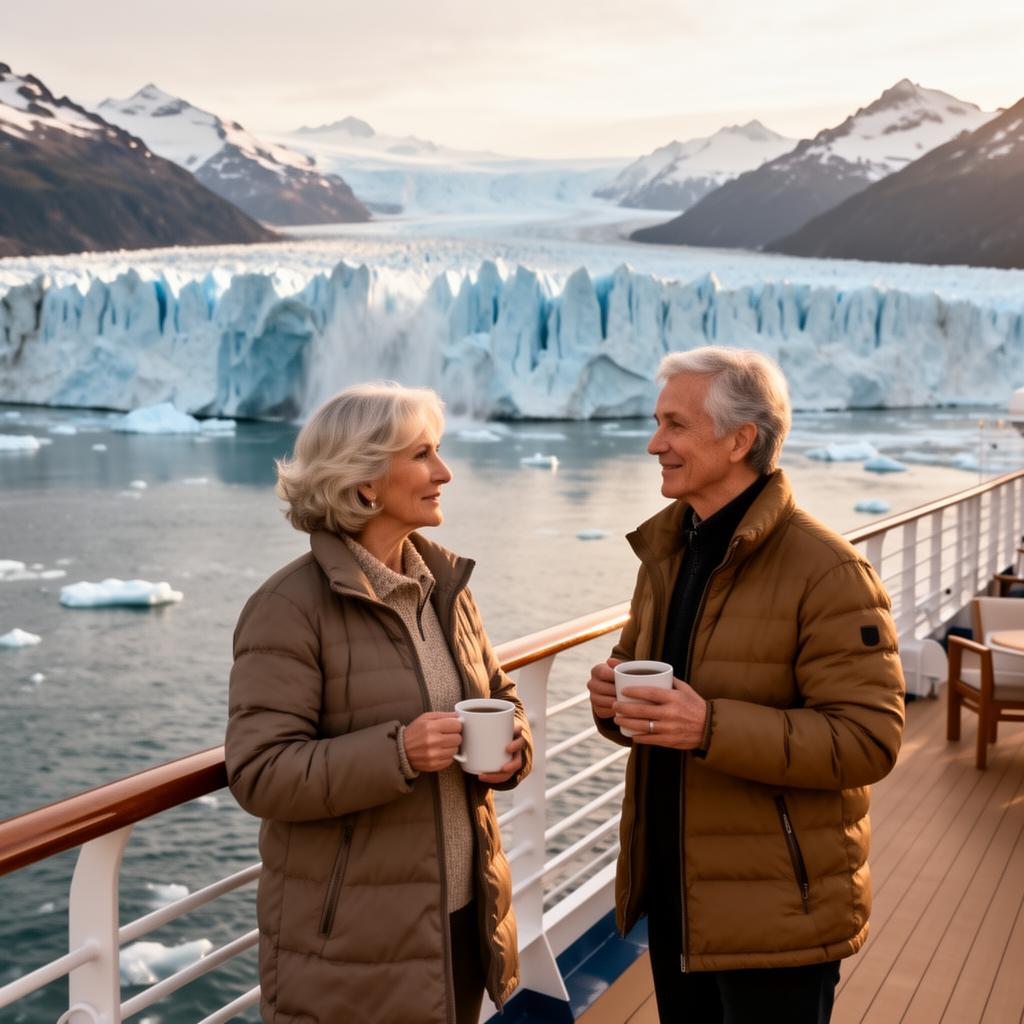Couple on a Princess cruise deck looking at an Alaskan glacier