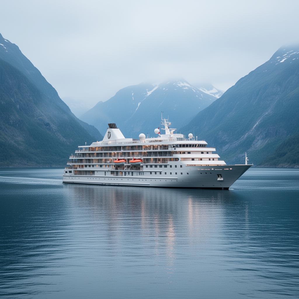Viking-style adults-only cruise ship in a calm Alaskan fjord