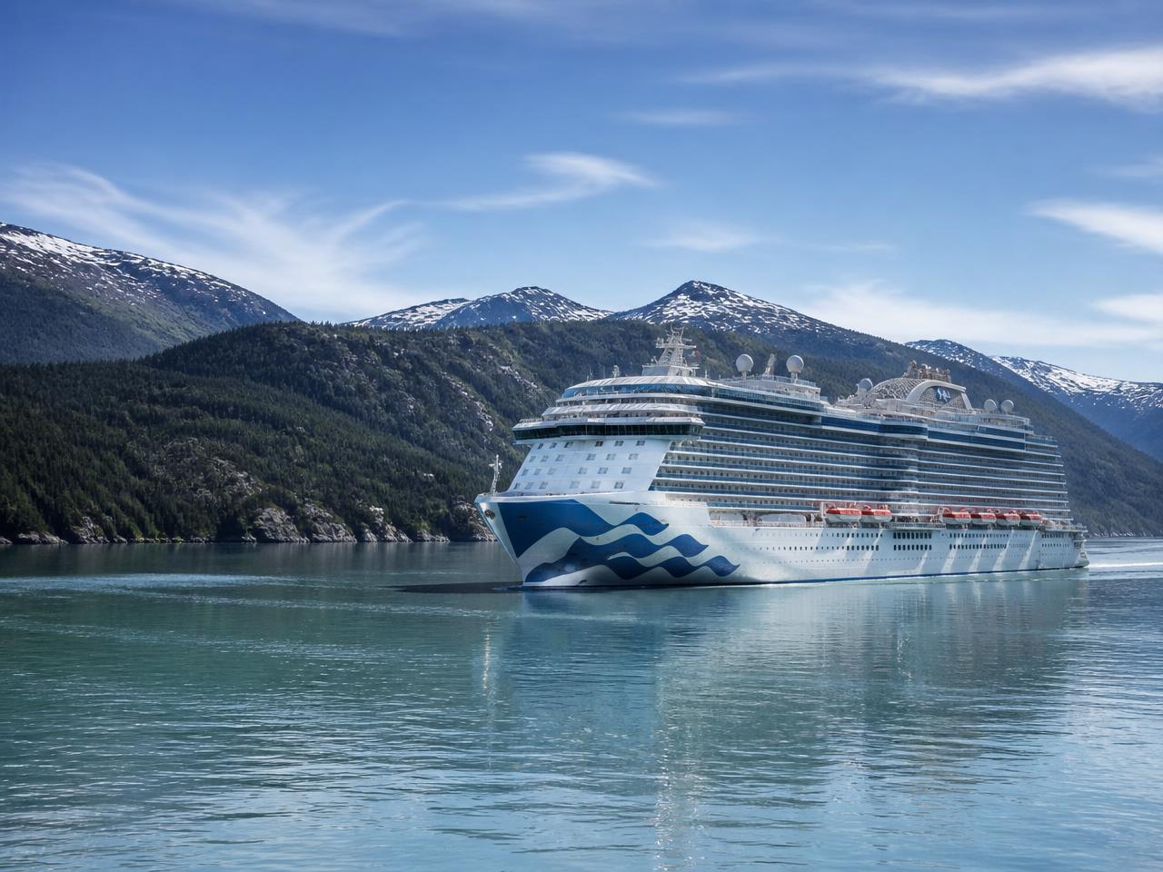 Cruise ship sailing past glaciers and snow-capped mountains in Alaska