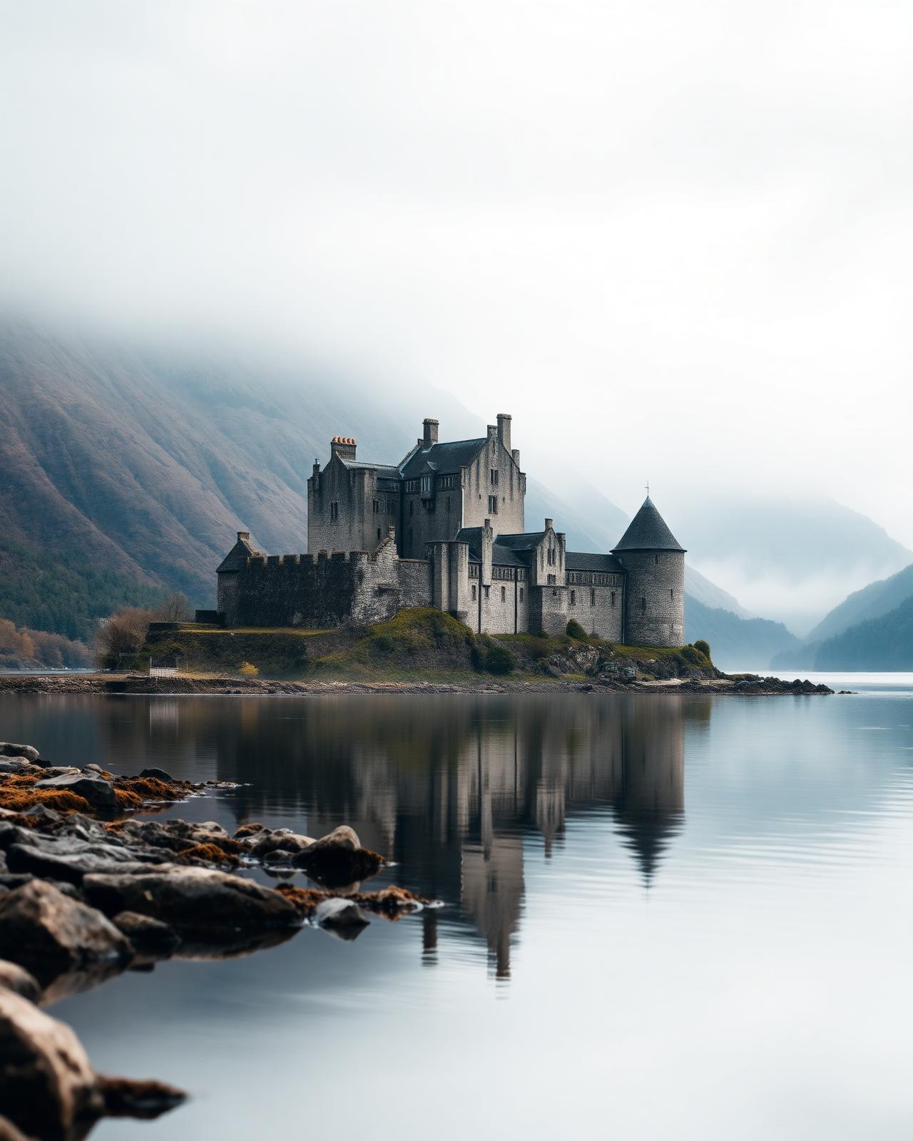 Highland glen in Scotland with heather and a distant stone castle