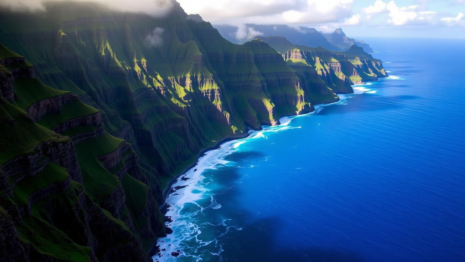 Dramatic green fluted cliffs of the Nā Pali Coast on Kauai dropping into the Pacific