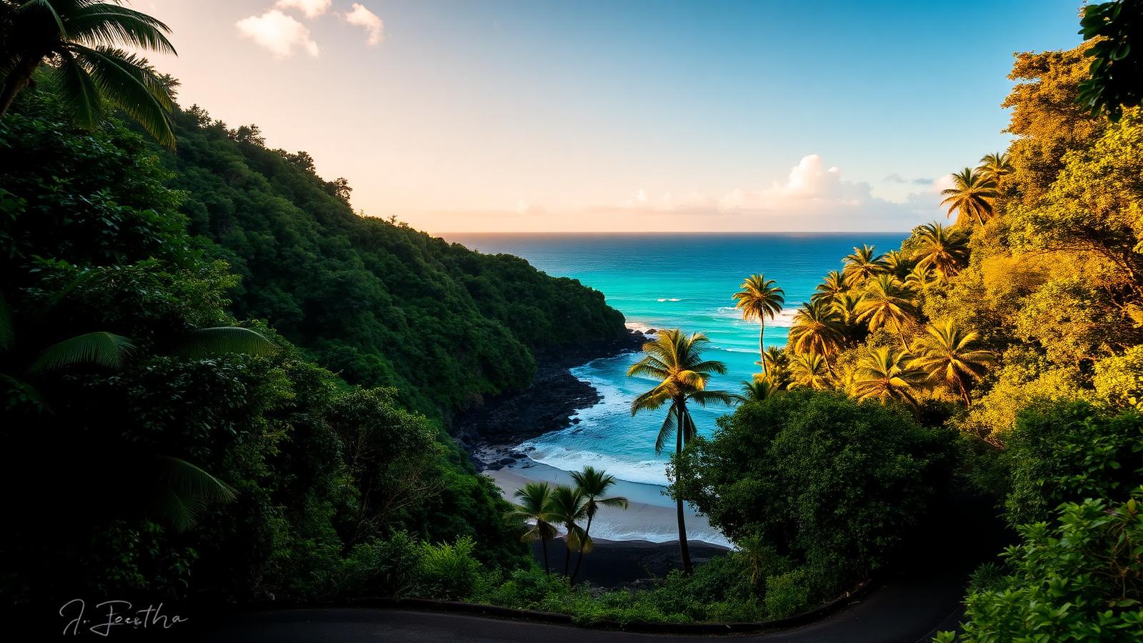 Tropical cove with palms and turquoise water along the Road to Hāna on Maui