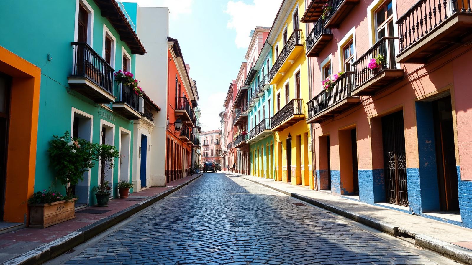 Colorful pastel colonial buildings along a cobblestone street in Old San Juan
