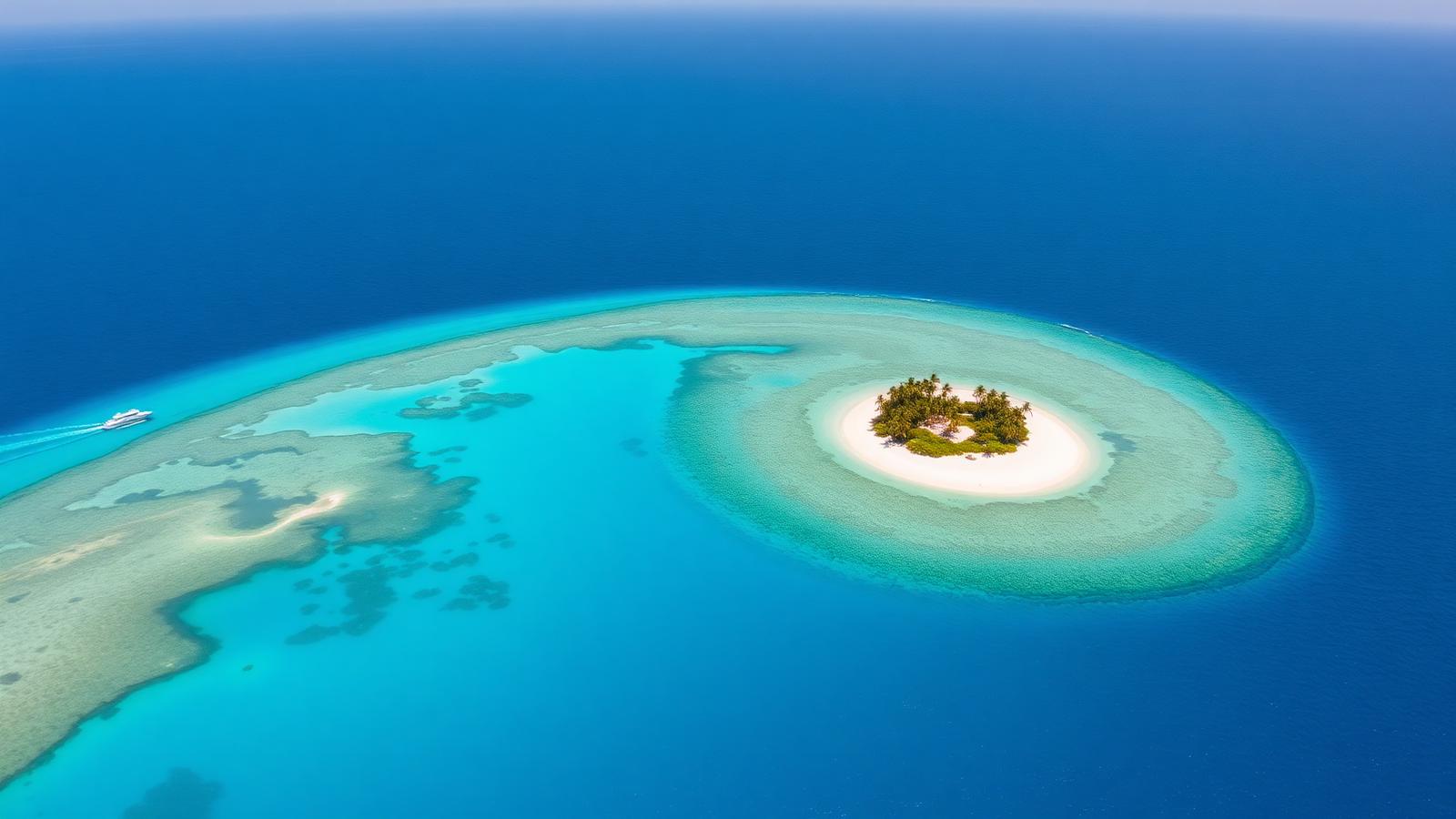Aerial view of Managaha Island, a small palm-covered sand cay in a turquoise lagoon off Saipan
