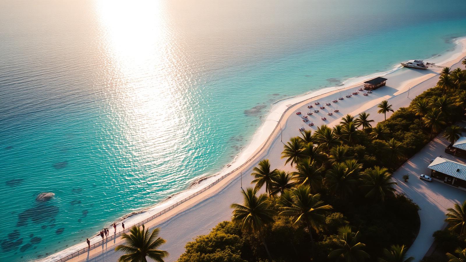 Aerial view of a turquoise Caribbean beach lined with palm trees at golden hour