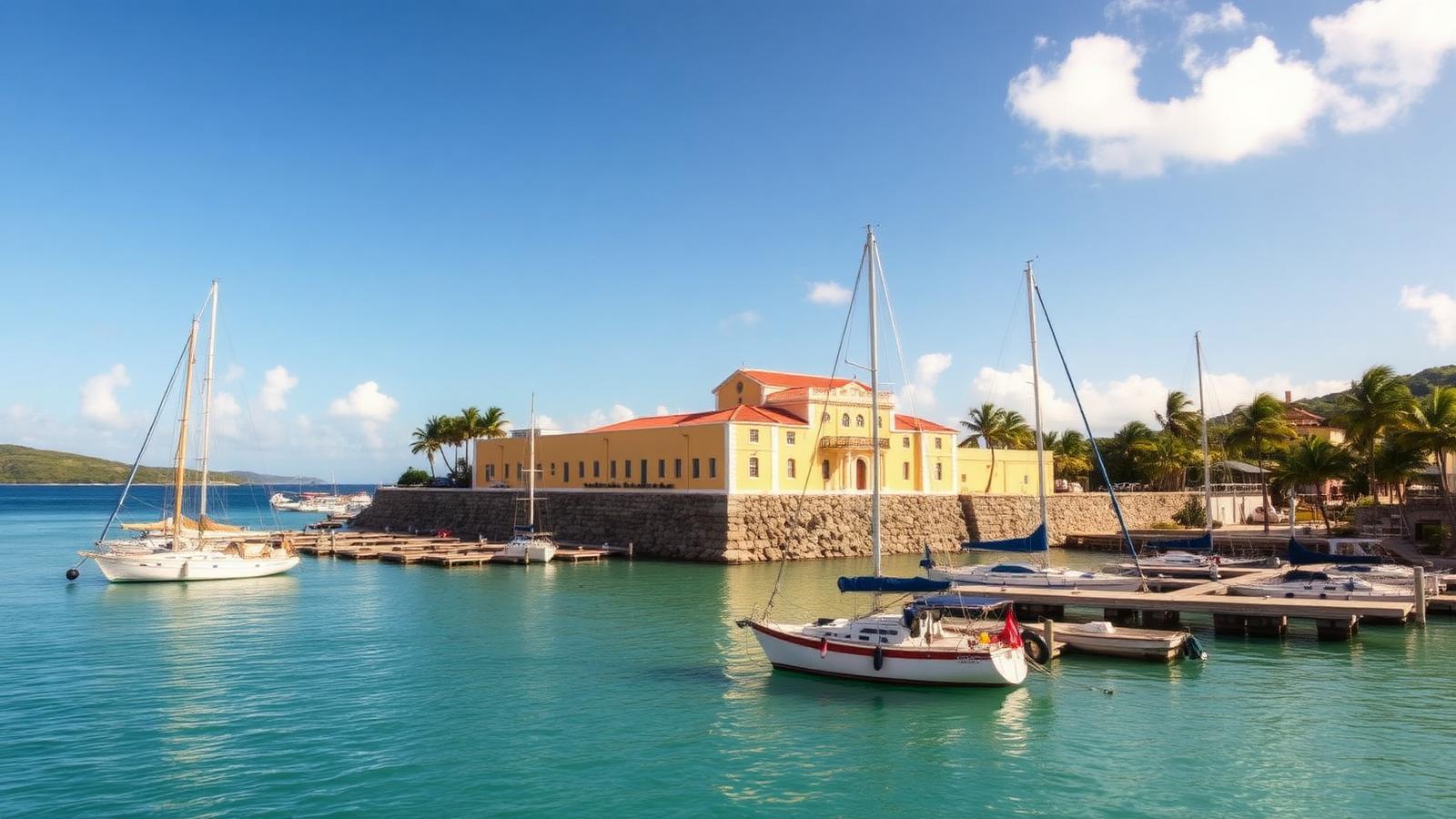 Historic yellow Danish fort and sailboats in the harbor of Christiansted, St. Croix