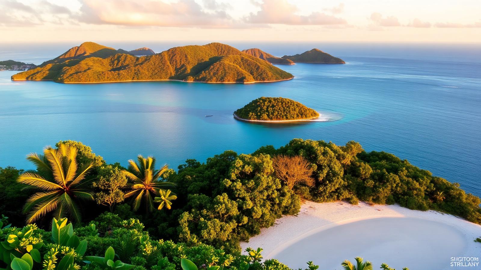 Overlook of turquoise bays and small green islands on St. John, USVI