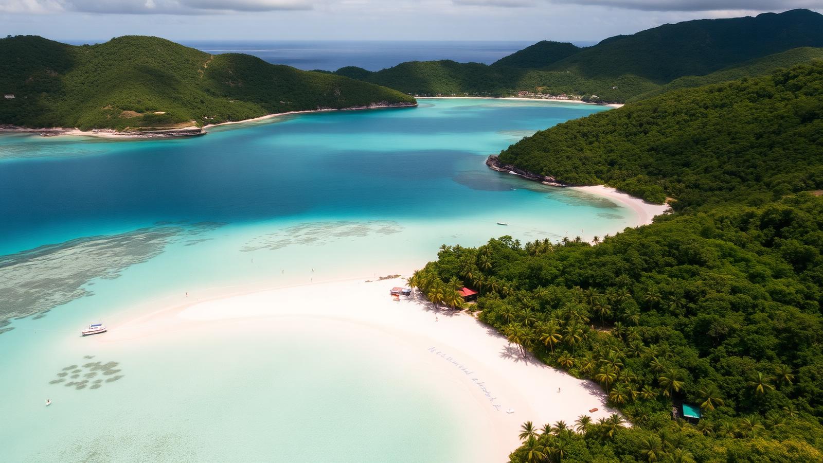 Aerial view of Flamenco Beach on Culebra, white sand crescent and turquoise water